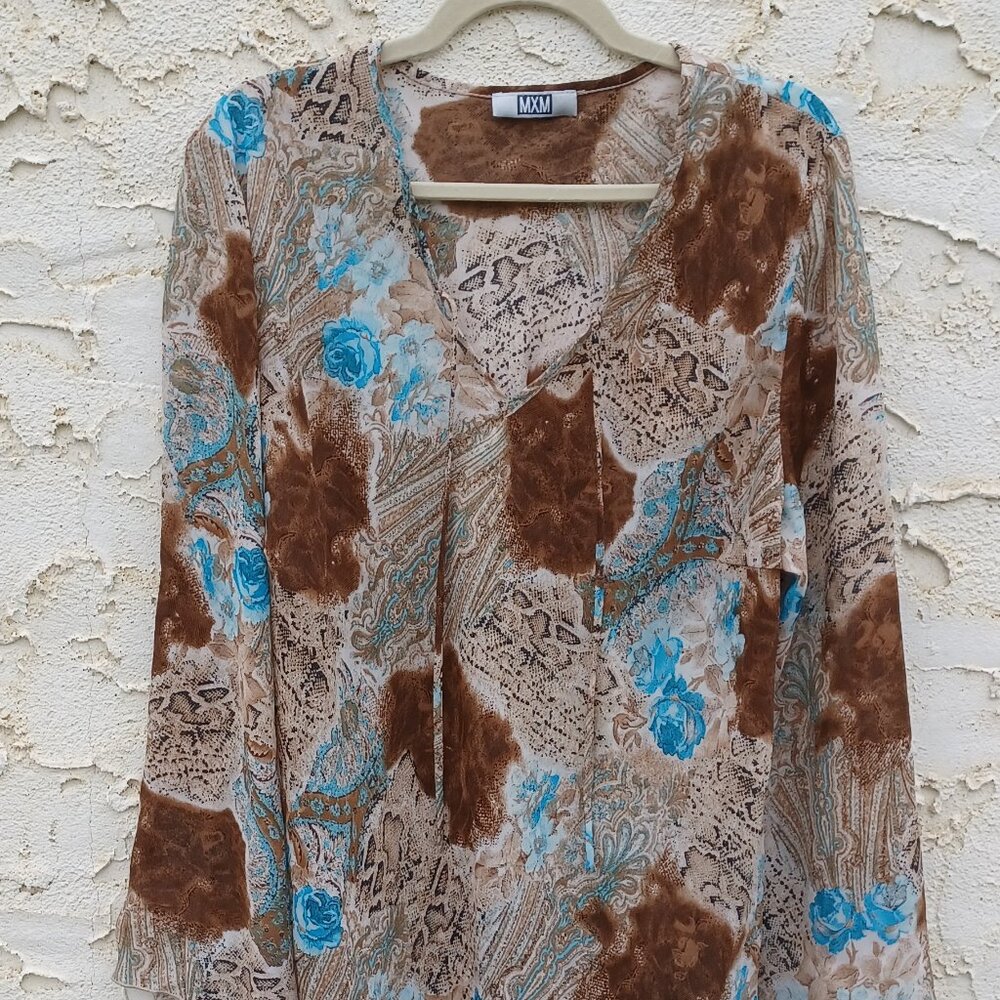 Flowy MXM Brown and Blue Patterned Blouse with Open Slit bell sleeves